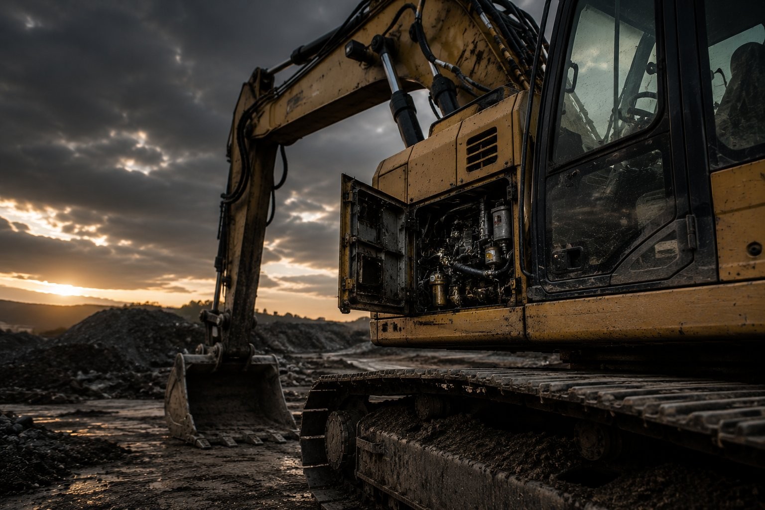 Excavator on site at sunset