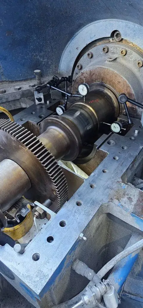 Gearbox shaft set up with dial gauges for alignment