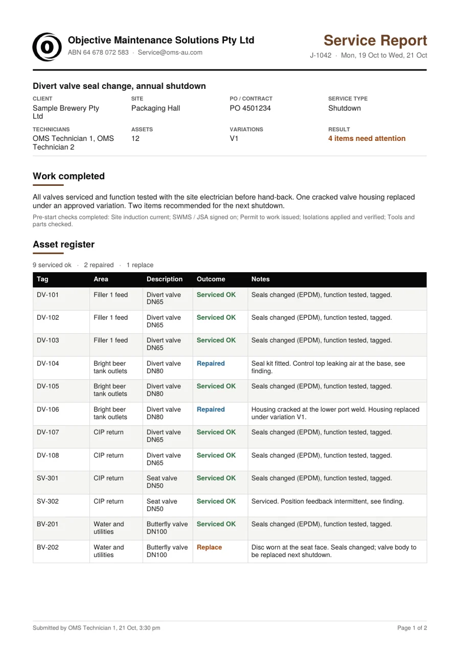 First page of a sample OMS service report for a divert valve shutdown, showing the valve register with outcomes